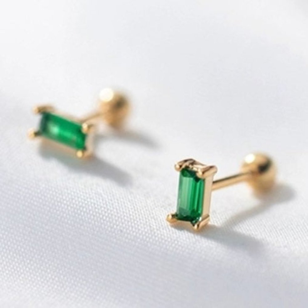 Screw back Emerald Rectangle Studs Earrings-ESB003 Gold